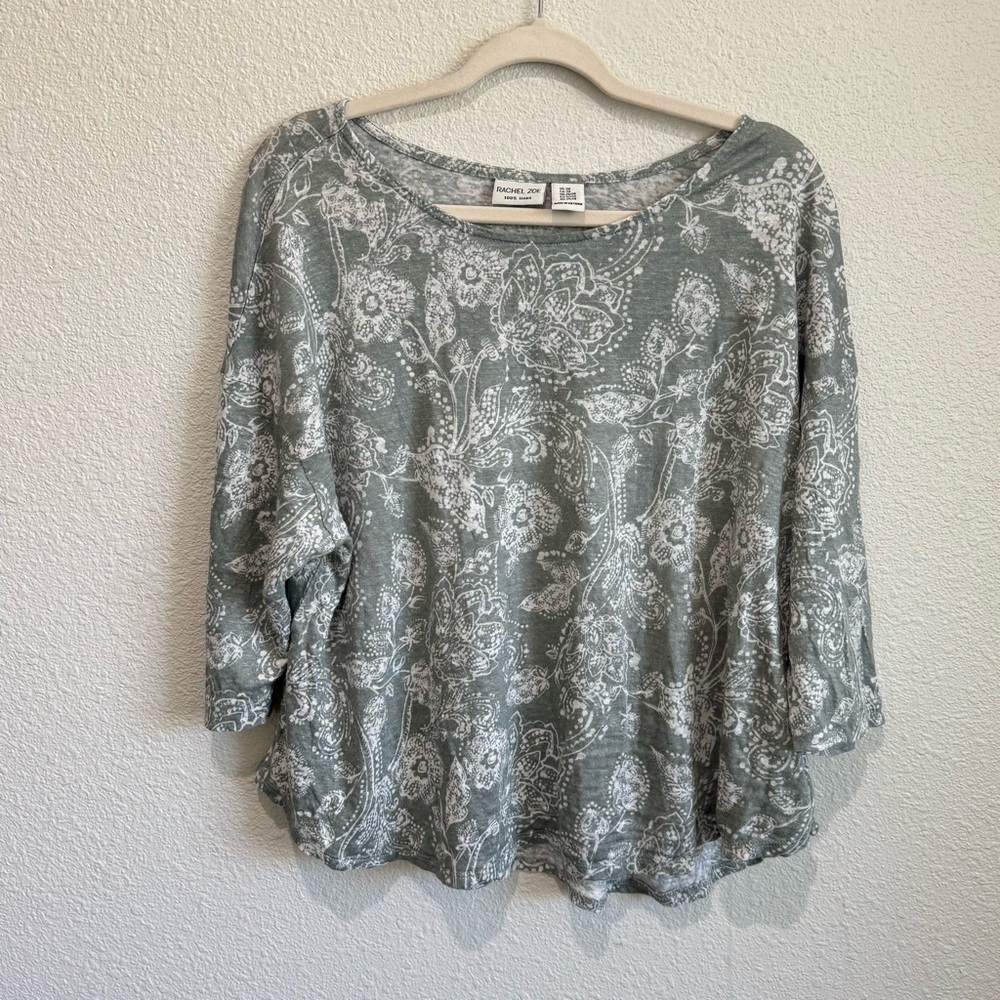 Rachel‎ Zoe Womens 100% Linen 3X Light Green Paisley Floral Blouse Beach Boho